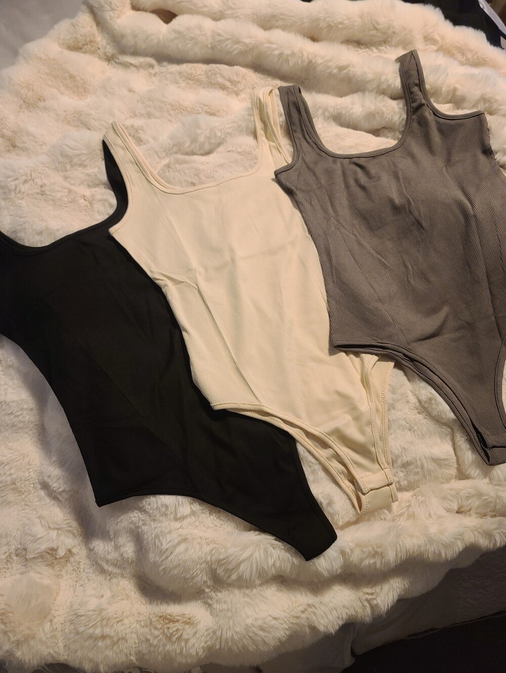 Set of 3 Ribbed Square Neck Bodysuits - Black, Cream, Gray